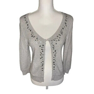 American Eagle Women’s Medium Gray Rhinestone Crochet Crop Cardigan Bejeweled Ho